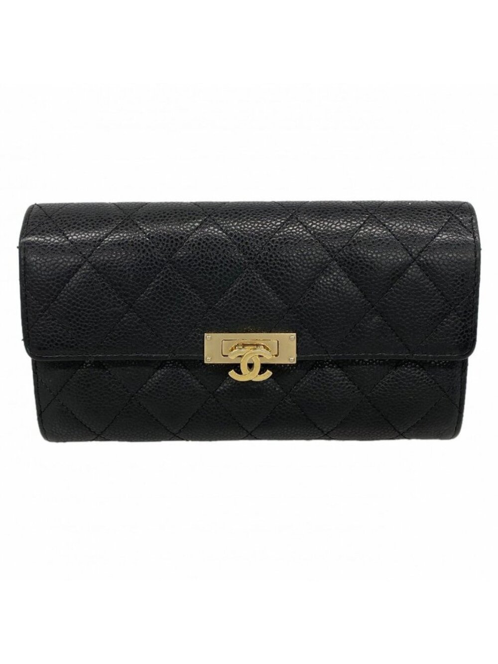 Chanel Wallet Quilted Caviar Leather Black Gold